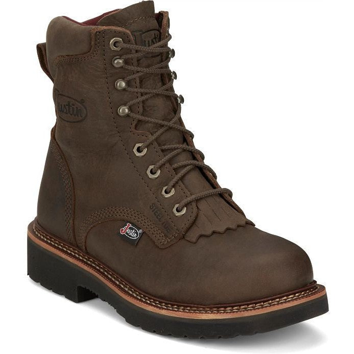 Justin Men's Rivot 8" Lace Up Steel Toe Slip Resistant Western Work Boot - Hickory Brown - OW441 6 / Medium / Brown - Overlook Boots