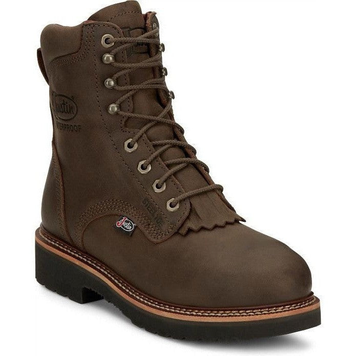Justin Men's Rivot 8" Waterproof Steel Toe Slip Resistant Western Work Boot - Hickory Brown - OW458 6 / Medium / Brown - Overlook Boots