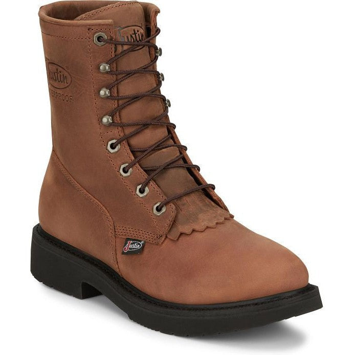 Justin Men's Livestock 8" Waterproof Lace Up Slip Resistant Western Work Boot - Aged Bark Brown - OW604 6 / Medium / Brown - Overlook Boots