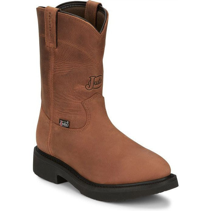Justin Men's Round Up 10" Waterproof Slip Resistant Western Work Boot - Aged Bark Brown - OW6604 6 / Medium / Brown - Overlook Boots