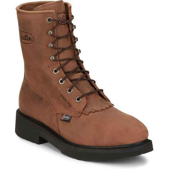 Justin Men's Livestock 8" Round Steel Toe Lace Up Slip Resistant Western Work Boot - Aged Brown - OW764 6 / Medium / Brown - Overlook Boots
