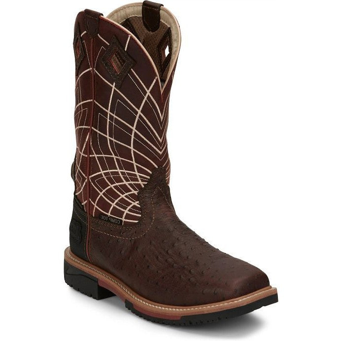 Justin Men's Derrickman 12" Composite Toe Waterproof Slip Resistant Work Boot - Brown Ostrich Print - SE4835 - Overlook Boots