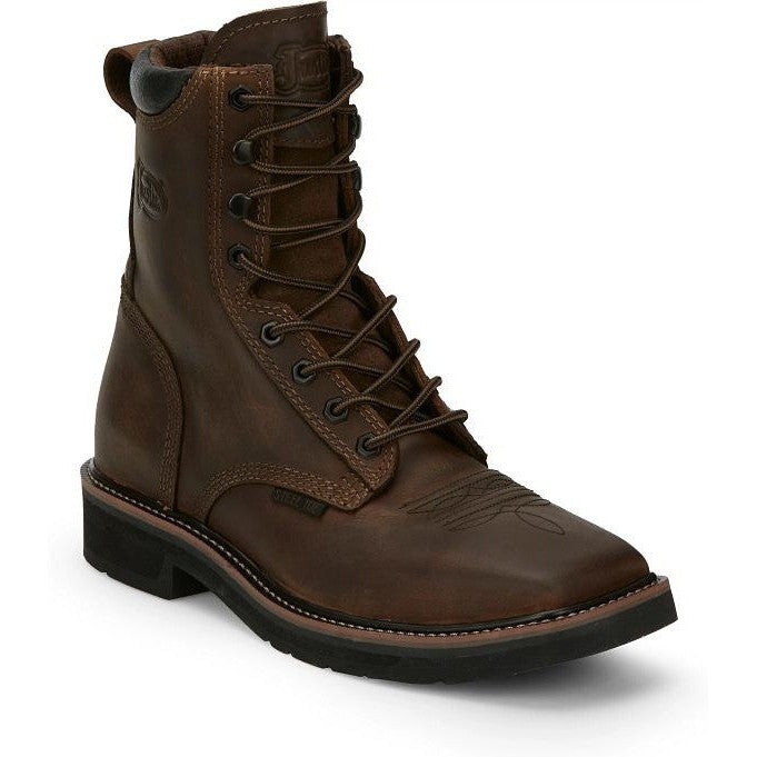 Justin Men's Pulley 8" Steel Toe Lace Up Slip Resistant Work Boot - Aged Bark Brown - SE682 - Overlook Boots