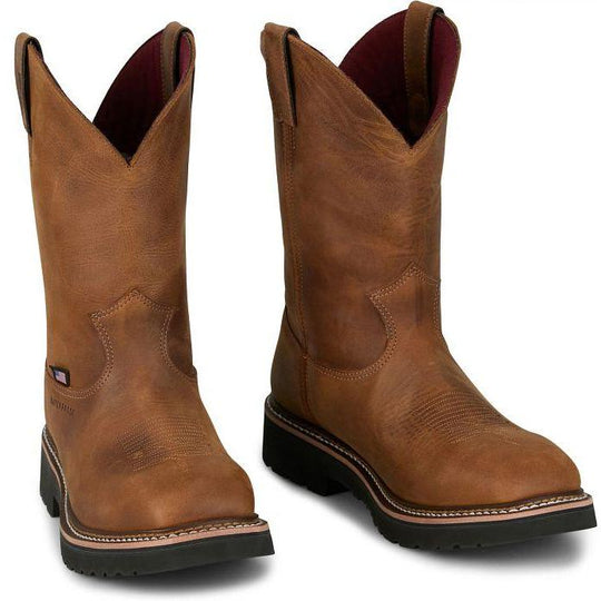 Justin Men's Ames 11" Soft Toe Waterproof Pull On Slip Resistant Work Boot - Walnut Brown - HL4224 - Overlook Boots