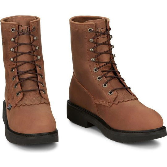 Justin Men's Livestock 8" Round Steel Toe Lace Up Slip Resistant Western Work Boot - Aged Brown - OW764 - Overlook Boots