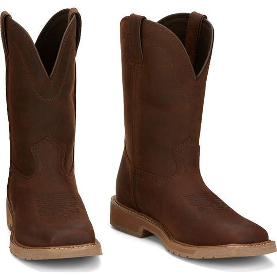 Justin Men's Buster 11" Square Toe Slip Resistant Pull On Work Boot - Pecan Brown - SE3100 - Overlook Boots