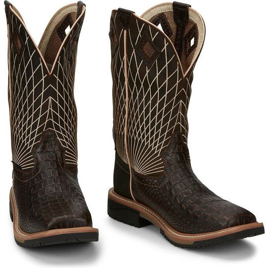 Justin Men's Derrickman 12" Composite Toe Slip Resistant Work Boot - Brown Croc Print - SE4833 - Overlook Boots