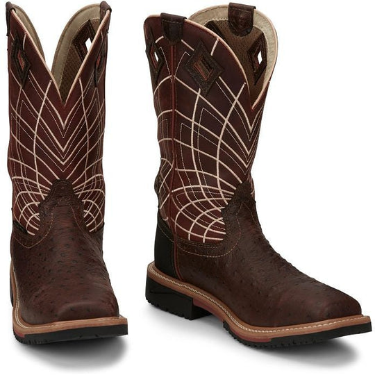 Justin Men's Derrickman 12" Composite Toe Waterproof Slip Resistant Work Boot - Brown Ostrich Print - SE4835 - Overlook Boots