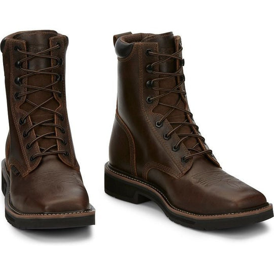 Justin Men's Pulley 8" Steel Toe Lace Up Slip Resistant Work Boot - Aged Bark Brown - SE682 - Overlook Boots