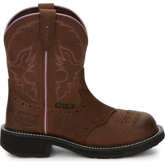 Justin Women's Wanette 8" Steel Toe Waterproof Slip Resistant Work Boot - Aged Bark Brown - GY9980 5 / Narrow / Brown - Overlook Boots