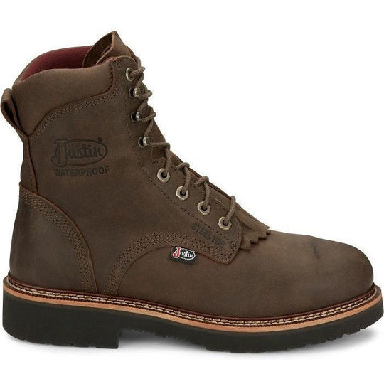 Justin Men's Rivot 8" Waterproof Steel Toe Slip Resistant Western Work Boot - Hickory Brown - OW458 - Overlook Boots