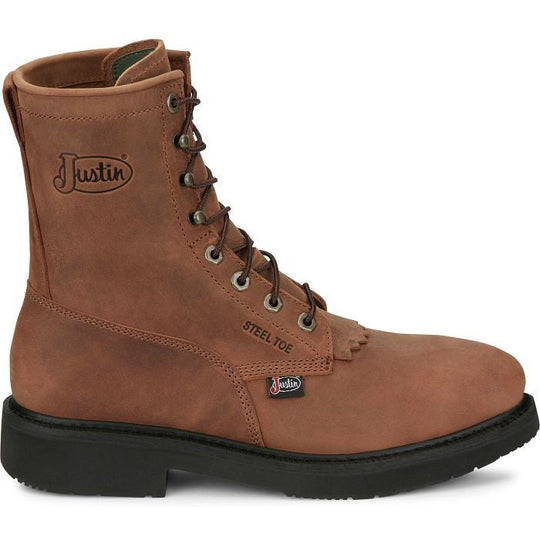Justin Men's Livestock 8" Round Steel Toe Lace Up Slip Resistant Western Work Boot - Aged Brown - OW764 - Overlook Boots