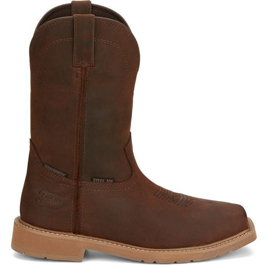 Justin Men's Buster 11" Steel Square Toe Waterproof Slip Resistant Work Boot - Pecan Brown - SE3101 8 / Medium / Brown - Overlook Boots