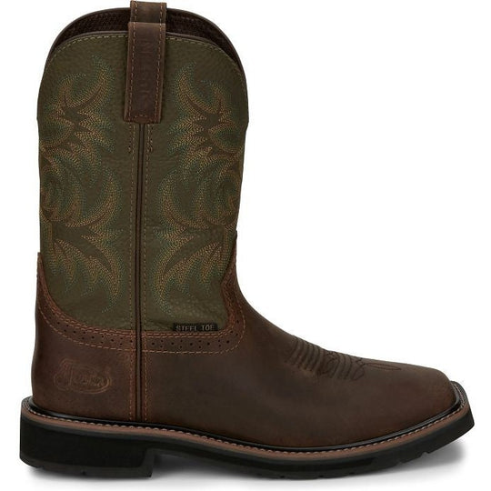 Justin Men's Driller 11" Steel Toe Western Work Boot -Brown/Green- SE4688 7 / Medium / Copper - Overlook Boots