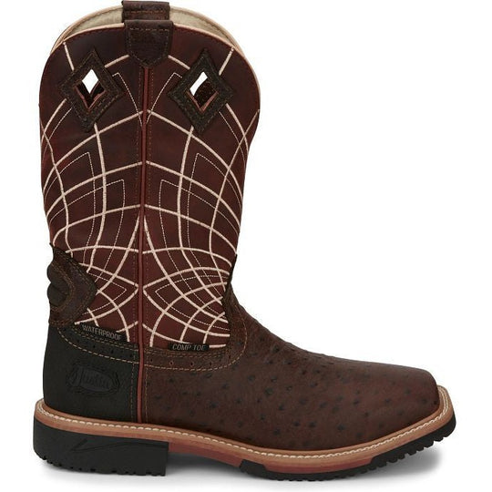Justin Men's Derrickman 12" Composite Toe Waterproof Slip Resistant Work Boot - Brown Ostrich Print - SE4835 7 / Medium / Brown - Overlook Boots