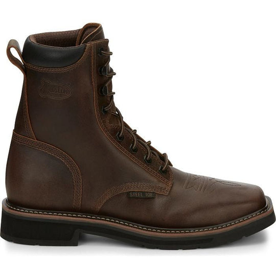 Justin Men's Pulley 8" Steel Toe Lace Up Slip Resistant Work Boot - Aged Bark Brown - SE682 6 / Medium / Brown - Overlook Boots