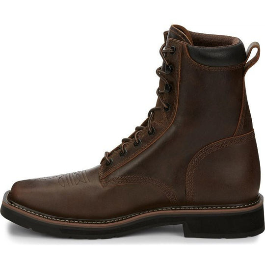 Justin Men's Pulley 8" Steel Toe Lace Up Slip Resistant Work Boot - Aged Bark Brown - SE682 - Overlook Boots