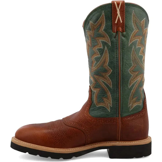 Twisted X Men's 12" Steel Toe Moisture Wicking Western Work Boot - Cognac Glazed Pebble & Dark Green - MSC0005 - Overlook Boots