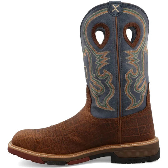 Twisted X Men's CellStretch 12" Alloy Toe Pull On Western Work Boot - Distressed Saddle & Peacock - MXBA005 - Overlook Boots
