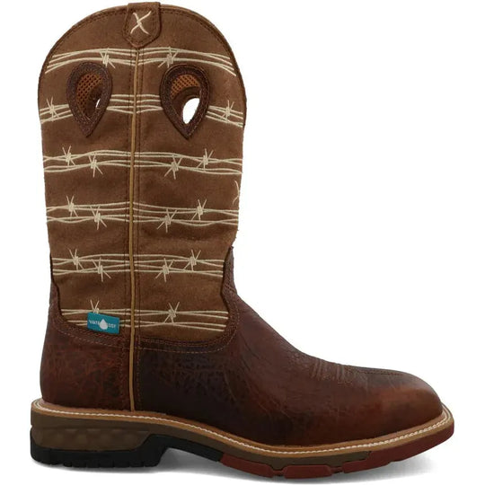Twisted X Men's CellStretch 12" Alloy Toe Waterproof Pull On Western Work Boot - Rustic Brown & Lion Tan - MXBAW05 7 / Medium / Brown - Overlook Boots