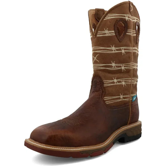 Twisted X Men's CellStretch 12" Alloy Toe Waterproof Pull On Western Work Boot - Rustic Brown & Lion Tan - MXBAW05 - Overlook Boots