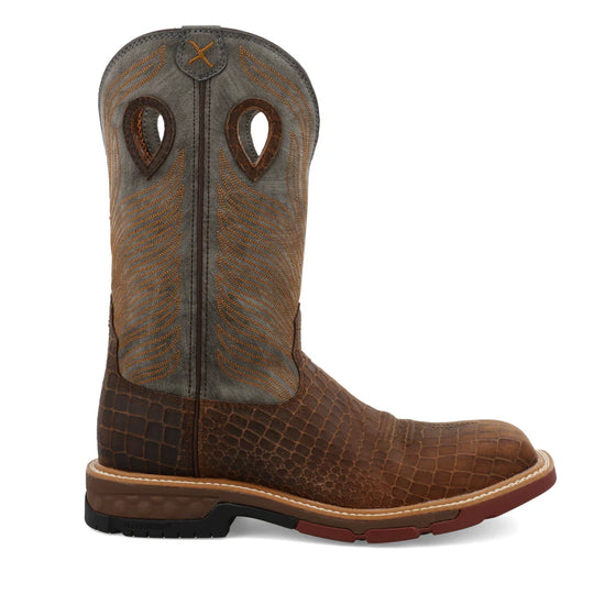 Twisted X Men's CellStretch 12" Square Toe Pull On Western Work Boot - Brown & Grey - MXBN005 7 / Medium / Brown - Overlook Boots
