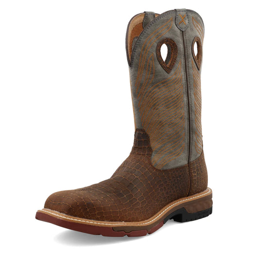 Twisted X Men's CellStretch 12" Square Toe Pull On Western Work Boot - Brown & Grey - MXBN005 - Overlook Boots