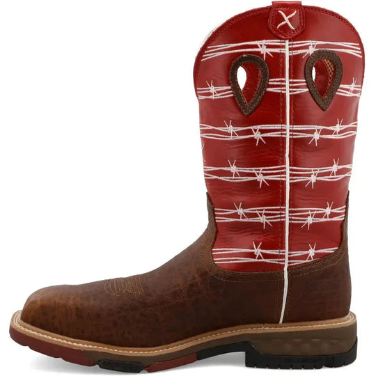 Twisted X Men's CellStretch 12" Composite Toe Waterproof Pull On Western Work Boot - Distressed Saddle & Ruby - MXBNW01 - Overlook Boots