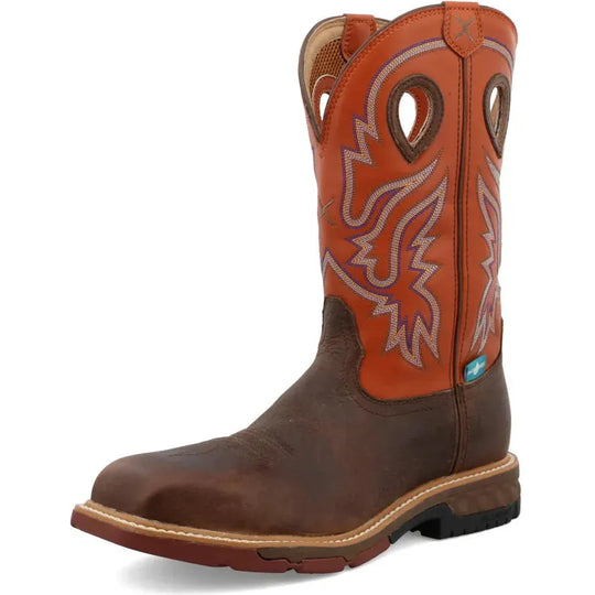 Twisted X Men's CellStretch 12" Composite Toe Waterproof Pull On Western Work Boot - Brown & Orange - MXBNW03 - Overlook Boots