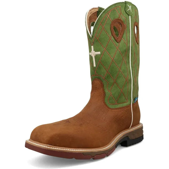 Twisted X Men's CellStretch 12" Composite Toe Waterproof Pull On Western Work Boot - Caramel Café & Green - MXBNW07 - Overlook Boots