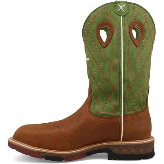Twisted X Men's CellStretch 12" Composite Toe Waterproof Pull On Western Work Boot - Caramel Café & Green - MXBNW07 - Overlook Boots