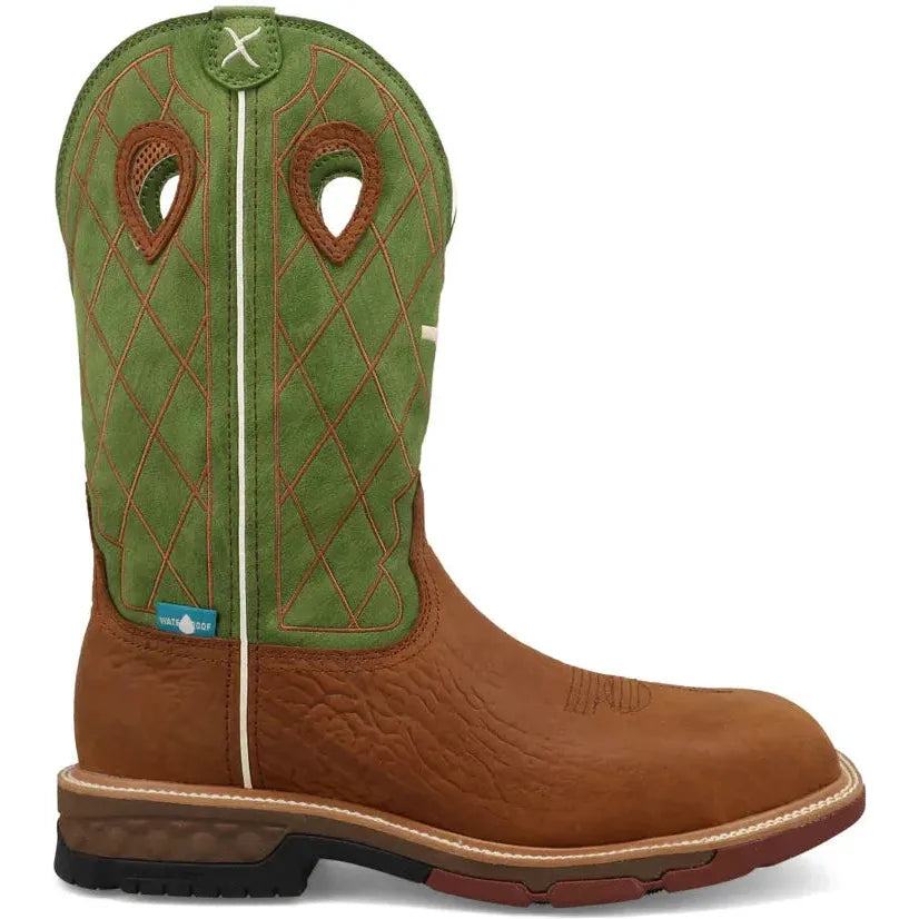 Twisted X Men's CellStretch 12" Composite Toe Waterproof Pull On Western Work Boot - Caramel Café & Green - MXBNW07 7 / Medium / Brown - Overlook Boots