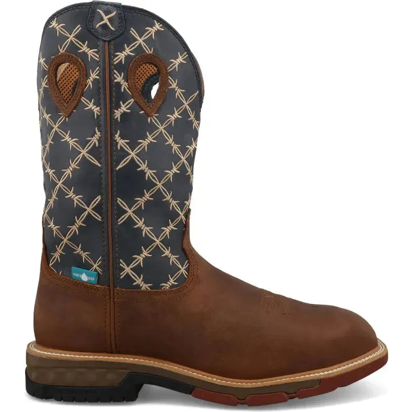 Twisted X Men's 12" Nano Composite Toe Waterproof Pull On Western Work Boot - Hazel & Navy - MXBNWM1 7 / Medium / Brown - Overlook Boots