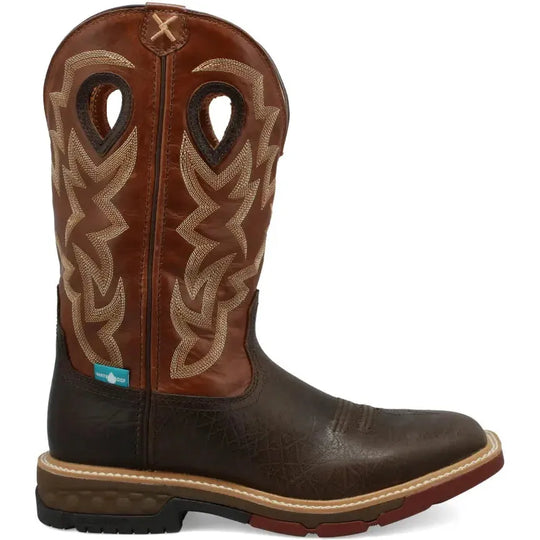 Twisted X Men's CellStretch 12" Soft Toe Waterproof Pull On Western Work Boot - Smokey Chocolate & Spice - MXBW002 7 / Medium / Brown - Overlook Boots