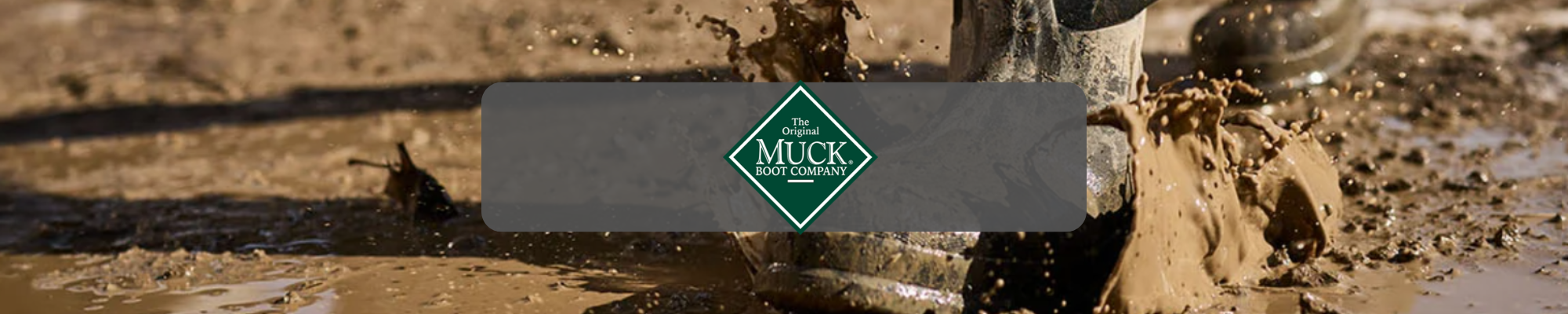 Muck Boot Company logo over waterproof boots splashing through mud
