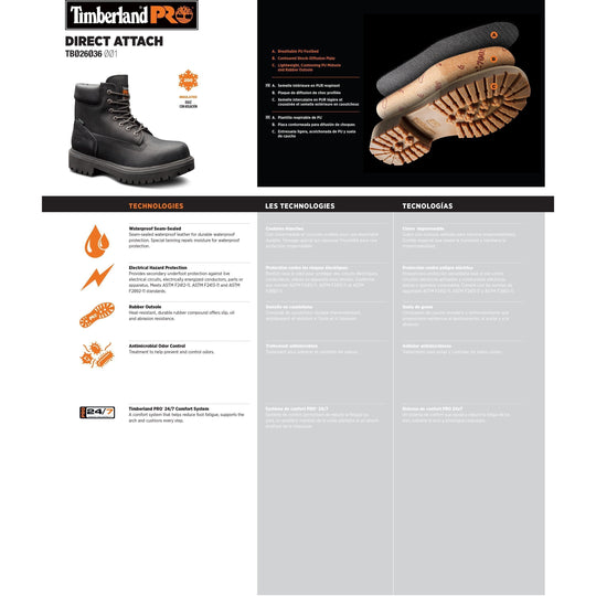 Timberland PRO Men's Direct Attach 6" Soft Toe Waterproof 200G Insulated Work Boot - Black - TB126036001 - Overlook Boots