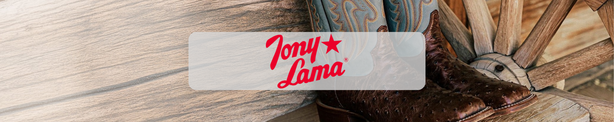 Tony Lama logo over brown leather cowboy boots on a rustic wooden bench
