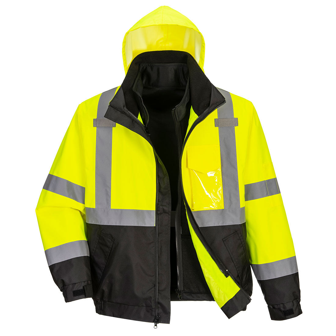 Portwest Hi-Vis 3-in-1 Contrast Premium Bomber Jacket - Yellow/Black Tall - US365 Large / Yellow - Overlook Boots