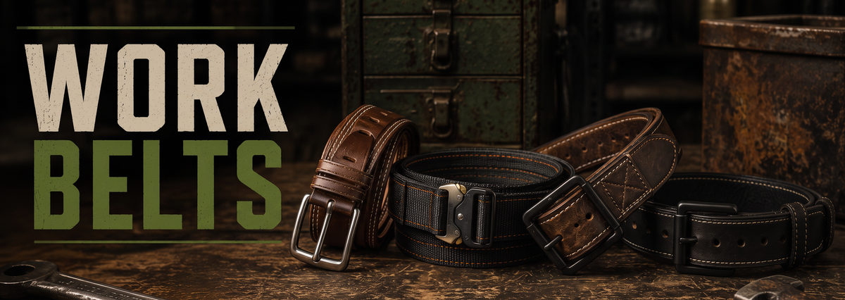 Men's work belts with leather and webbing straps and buckle closures.