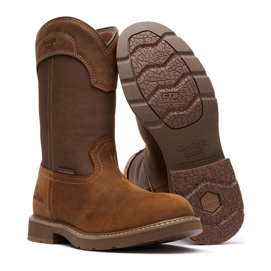 Georgia Men's Core 37 Farm & Ranch 11" Soft Toe Waterproof Pull-On Work Boot - Brown - GB00762 - Overlook Boots