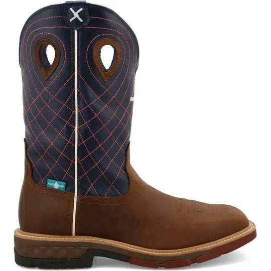Twisted X Men's CellStretch 12" Alloy Toe Waterproof Western Work Boot - Mocha & Navy - MXBAW01 7 / Medium / Brown - Overlook Boots