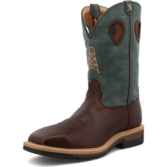 Twisted X Men's Lite 12" Steel Toe Moisture Wicking Western Work Boot - Oiled Cognac & Blue - MLCS006 - Overlook Boots