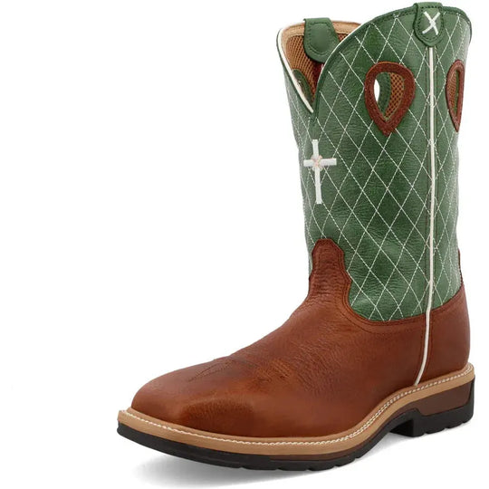 Twisted X Men's Lite 12" Steel Toe Moisture Wicking Western Work Boot - Cognac Glazed Pebble & Lime - MLCS002 - Overlook Boots