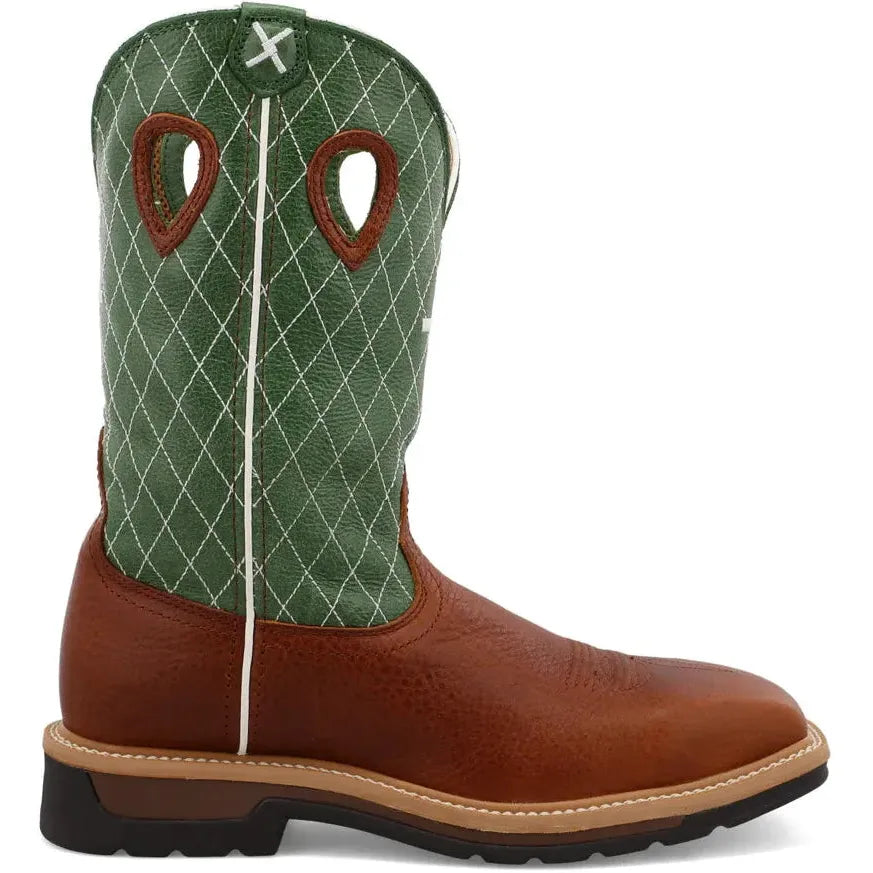 Twisted X Men's Lite 12" Steel Toe Moisture Wicking Western Work Boot - Cognac Glazed Pebble & Lime - MLCS002 7 / Medium / Brown - Overlook Boots