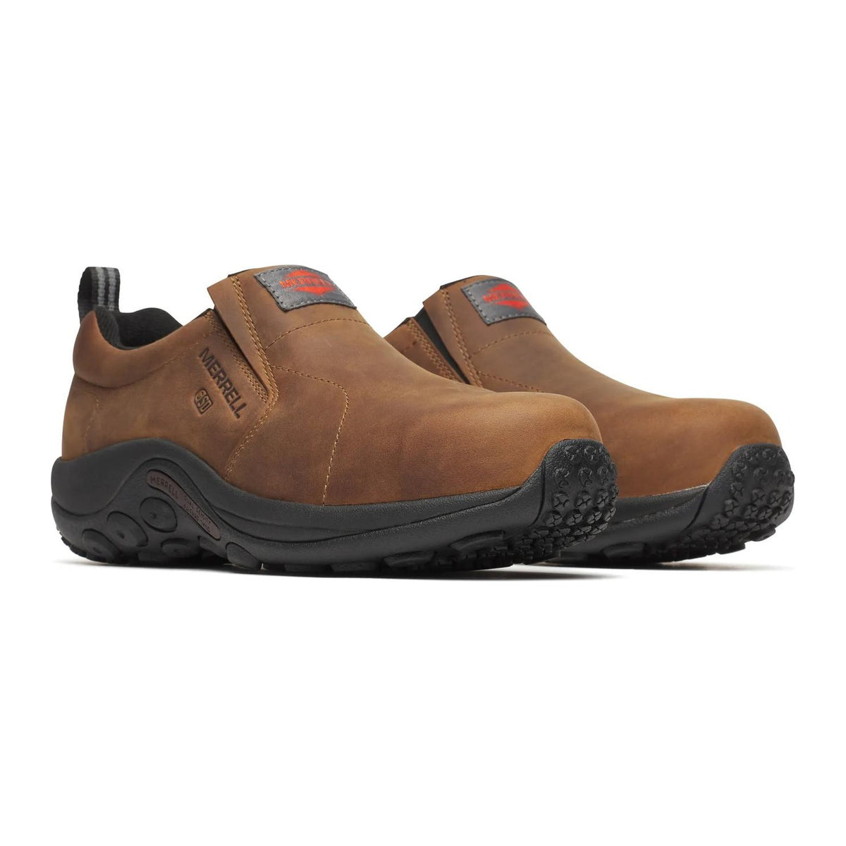 Merrell Work Men's Jungle Moc Leather Hi-Vis Carbon Fiber Toe Waterproof Static Dissipative Wide Work Shoe - Brown - J008037W 7 / Wide / Brown - Overlook Boots