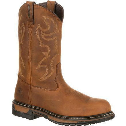 Rocky Original Ride Branson Bota Vaquera de Trabajo para Hombre, 11 Pulgadas, Impermeable, Punta de Acero, Sin Agujetas, Riesgo Eléctrico (EH) - Café - FQ0002809